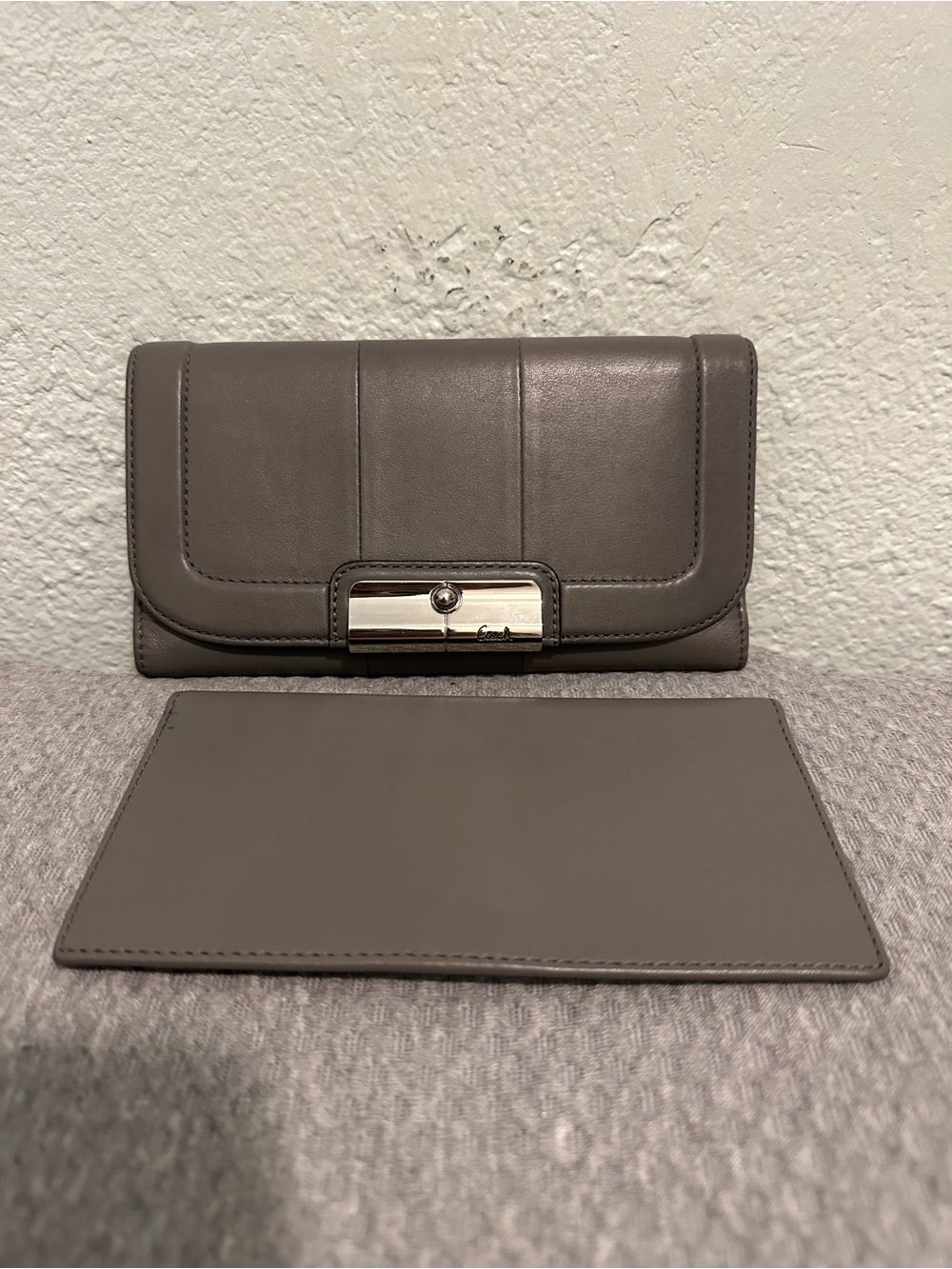 Coach Kristin Trifold Gray Leather Wallet with Check Book Cover Silver Hardware